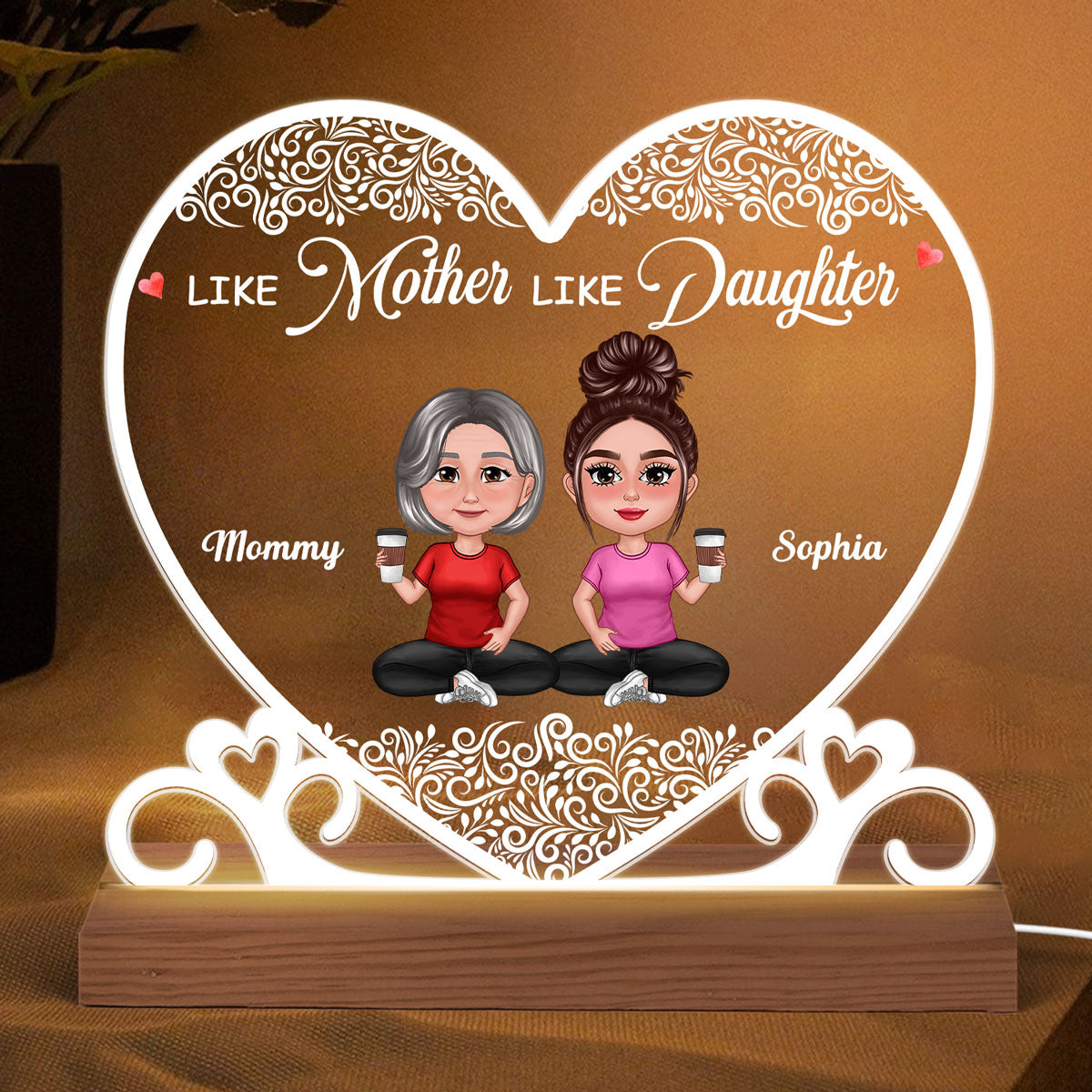 Pretty Doll Mother Daughters Heart Swirl Personalized Acrylic Custom Shape LED Night Light