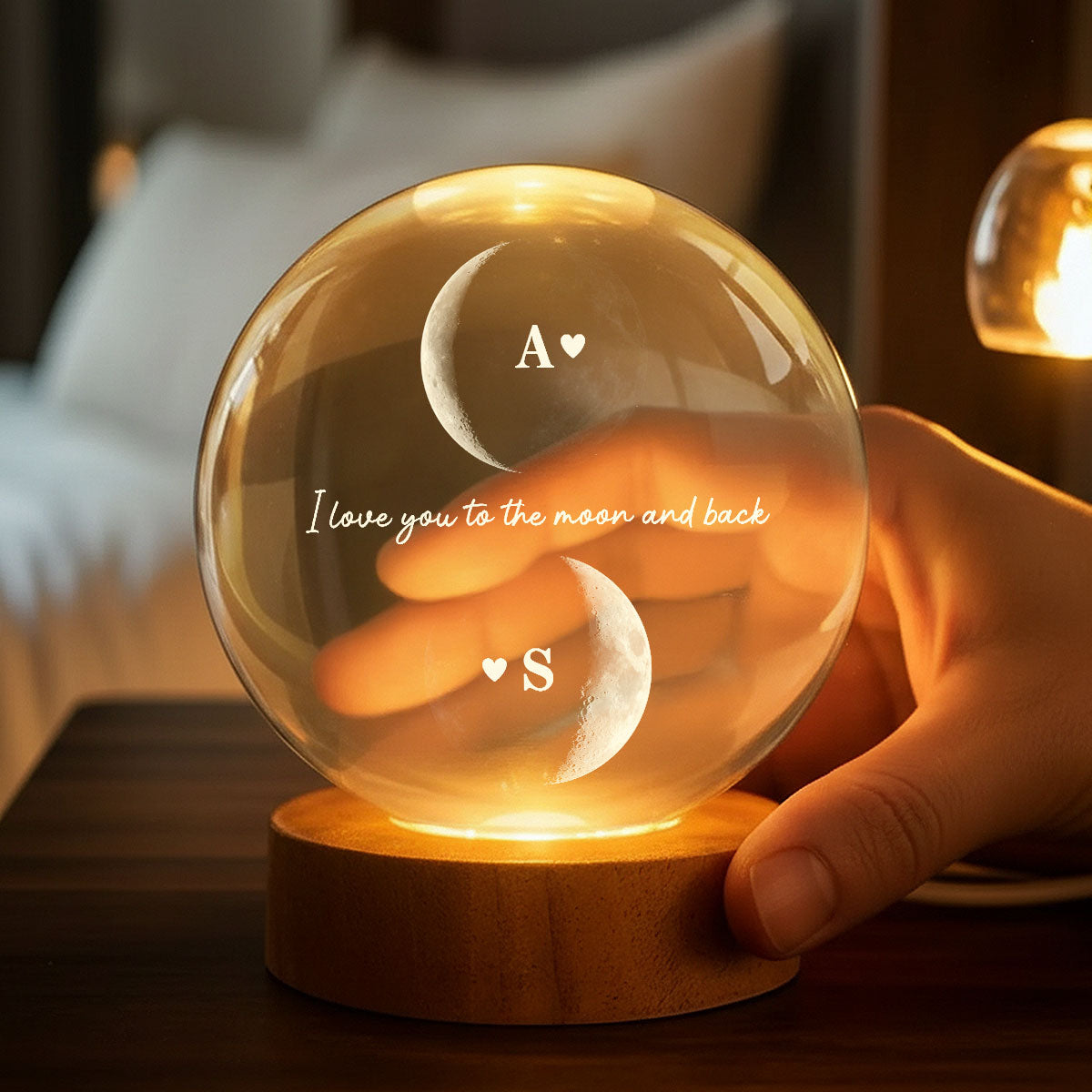 Custom Couple Moon Phase - Personalized Crystal Ball LED Night Light - Valentine's Day Gift For Couple, For Her, For Him