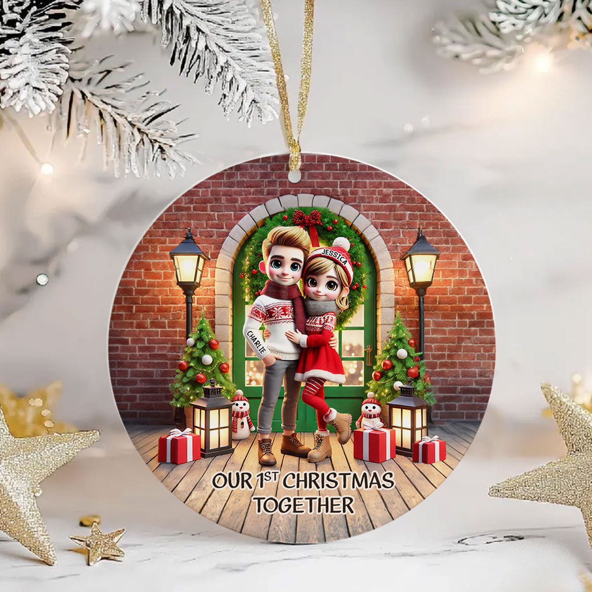 Cute Couple Standing In Front of Door Personalized Ceramic Ornament, Christmas Gift for Him, Gift for Her