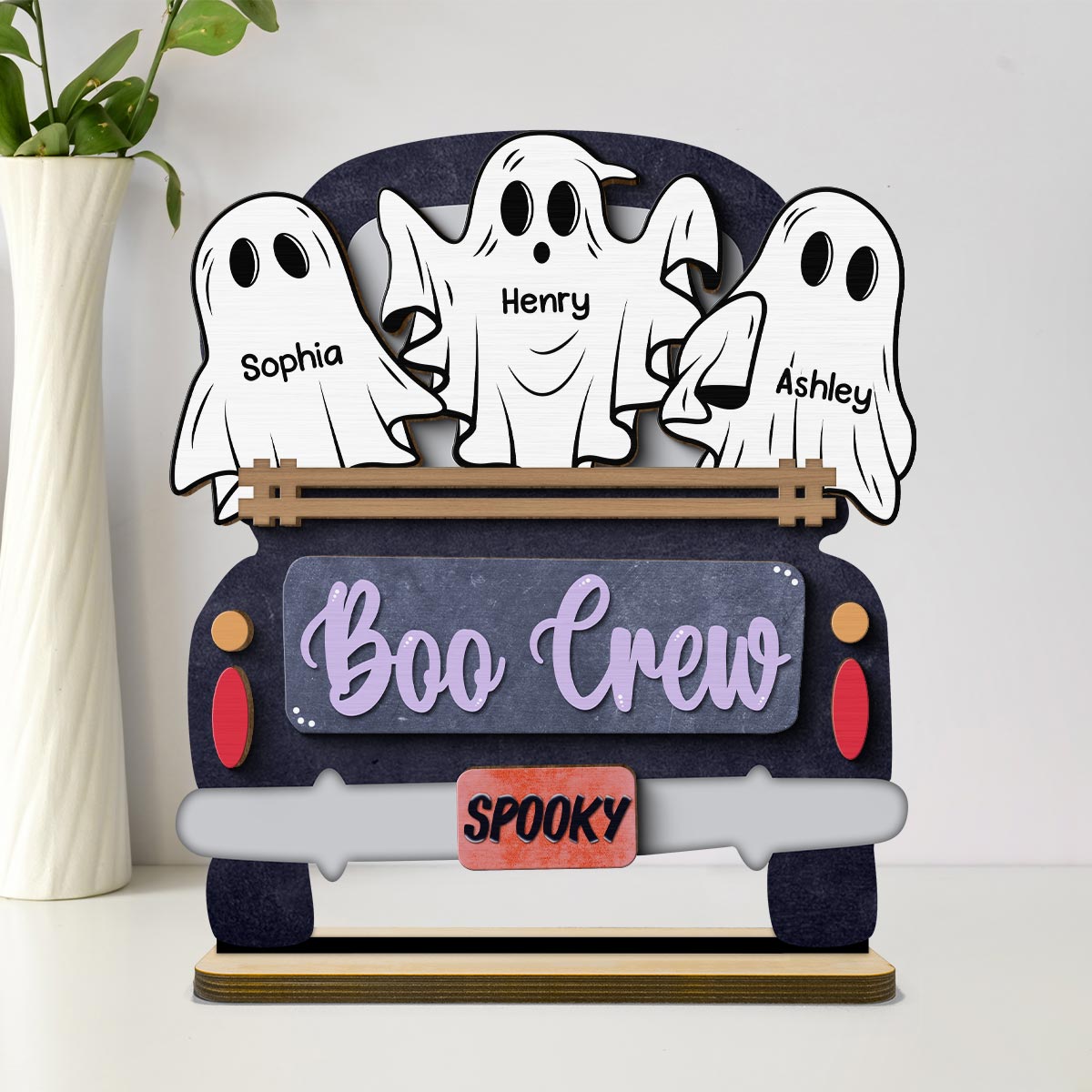 Boo Crew Farmhouse Truck The Ghost Family Halloween Tabletop Tier Tray Decor Personalized 2-Layer Standing Wooden Plaque
