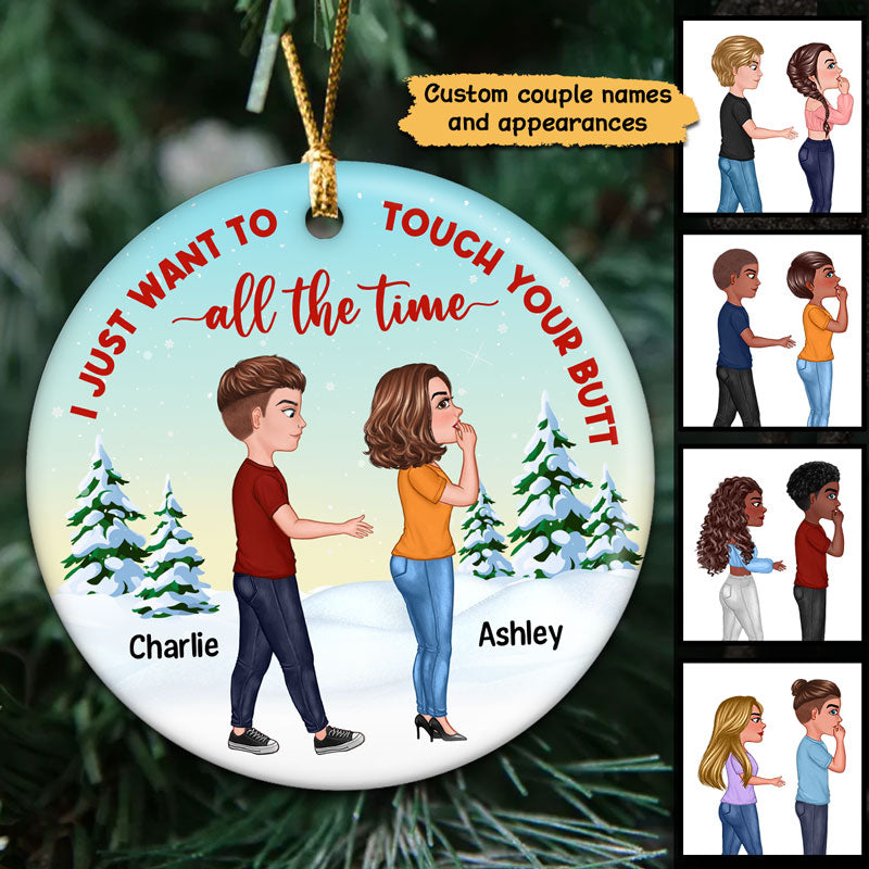 Touch Your Butt Funny Couple Christmas Personalized Circle Ornament