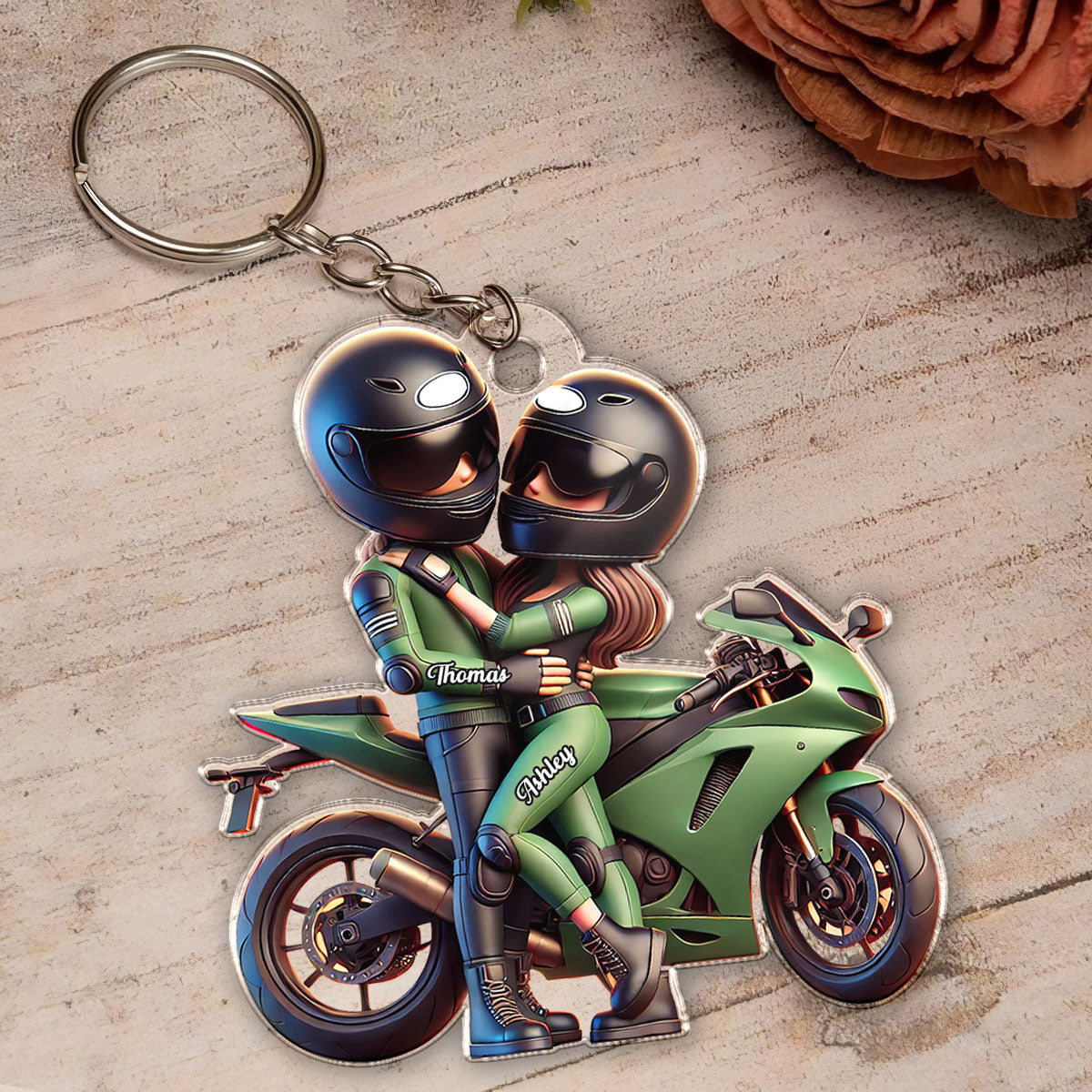 3D Effect Motorcycle Pretty Cartoon Couple Personalized Acrylic Keychain, Anniversary Birthday Gift For Him, For Biker Couple