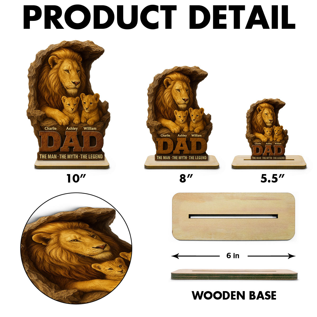 Lion Dad And Kids Personalized 2- Layer Standing Wooden Plaque, Unique Father's Day Gift For Dad