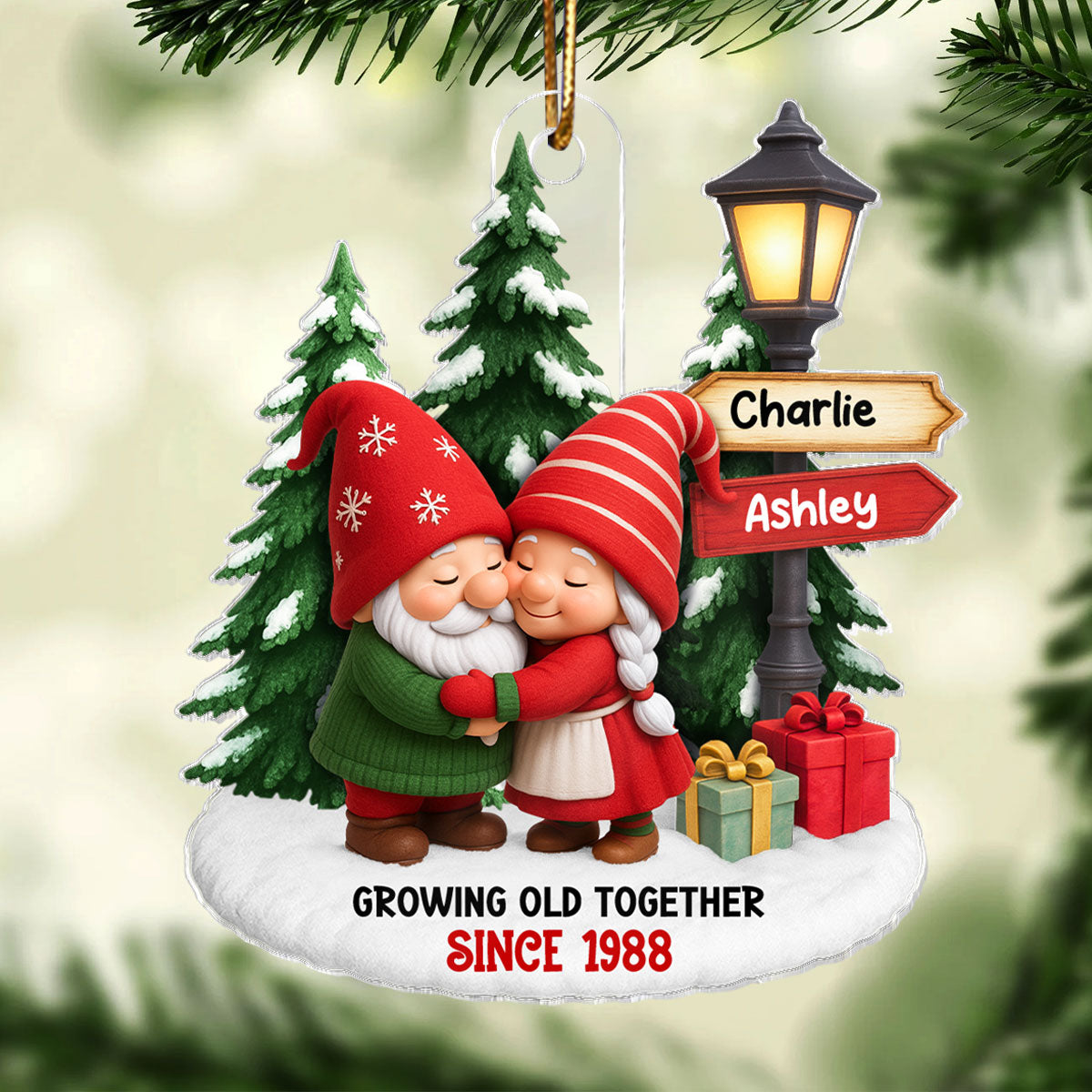 Gnome Couple on Snow - Personalized Acrylic Ornament - Christmas Gift For Couple, for Wife, for Husband
