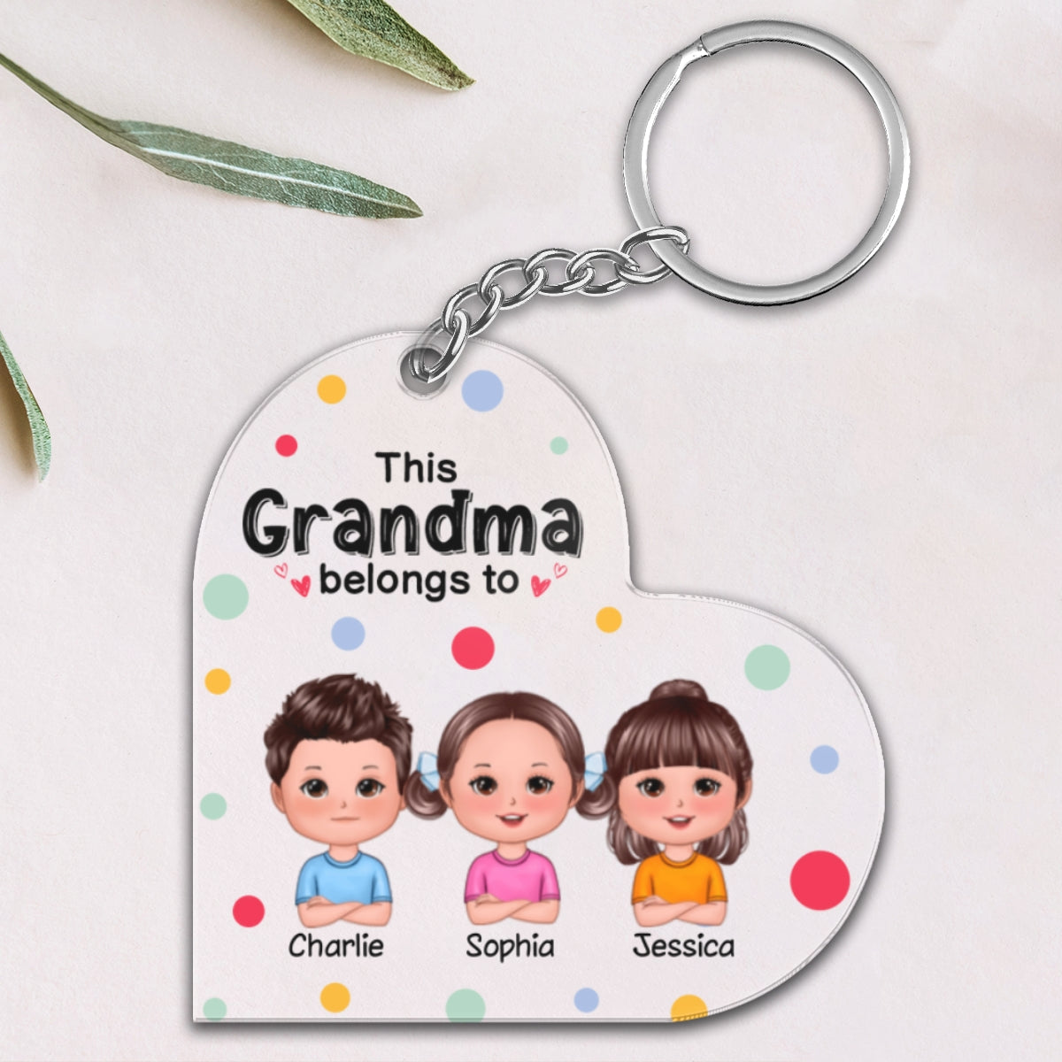 This Grandma Mom Belongs To Cute Doll Kids Colorful Dot Personalized Heart Acrylic Keychain