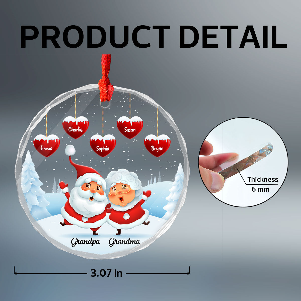 Papa Nana Claus Hearts Kids Names Personalized Glass Ornament