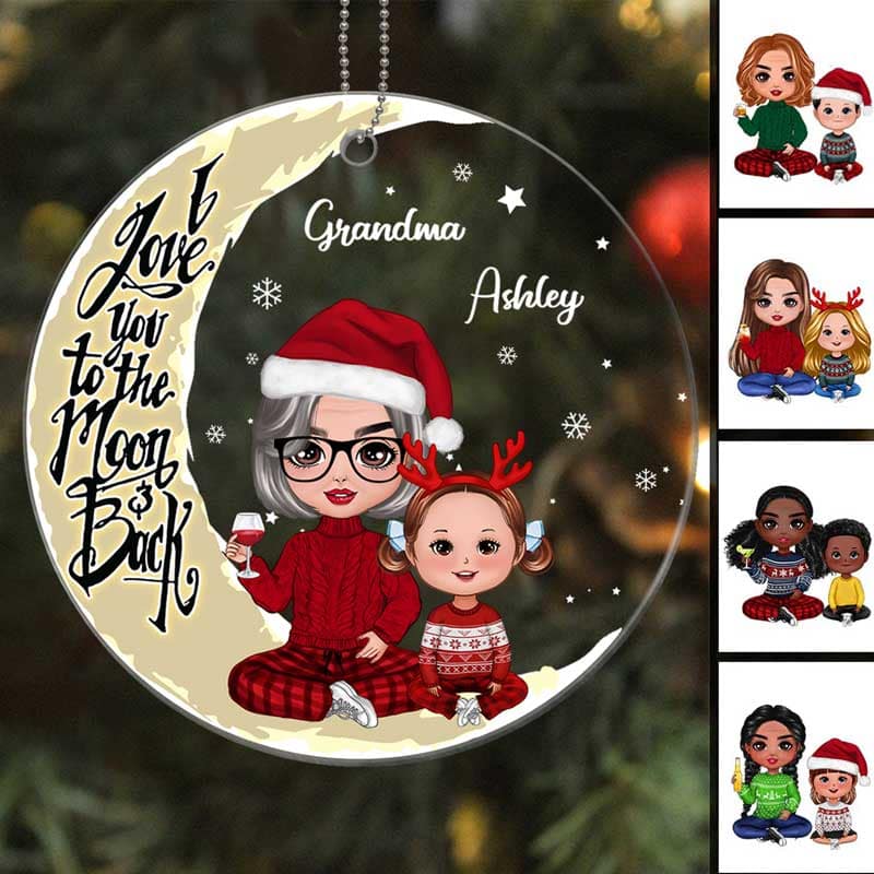Doll Grandma & Grandkids On Yellow Moon Snow - Personalized Ornament