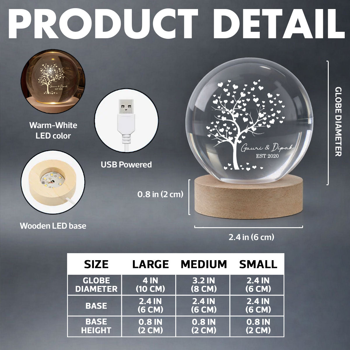 Tree Of Love Couple - Personalized Crystal Ball LED Night Light - Anniversary, Valentine's Day Gift, Gift For Him, Gift For Her