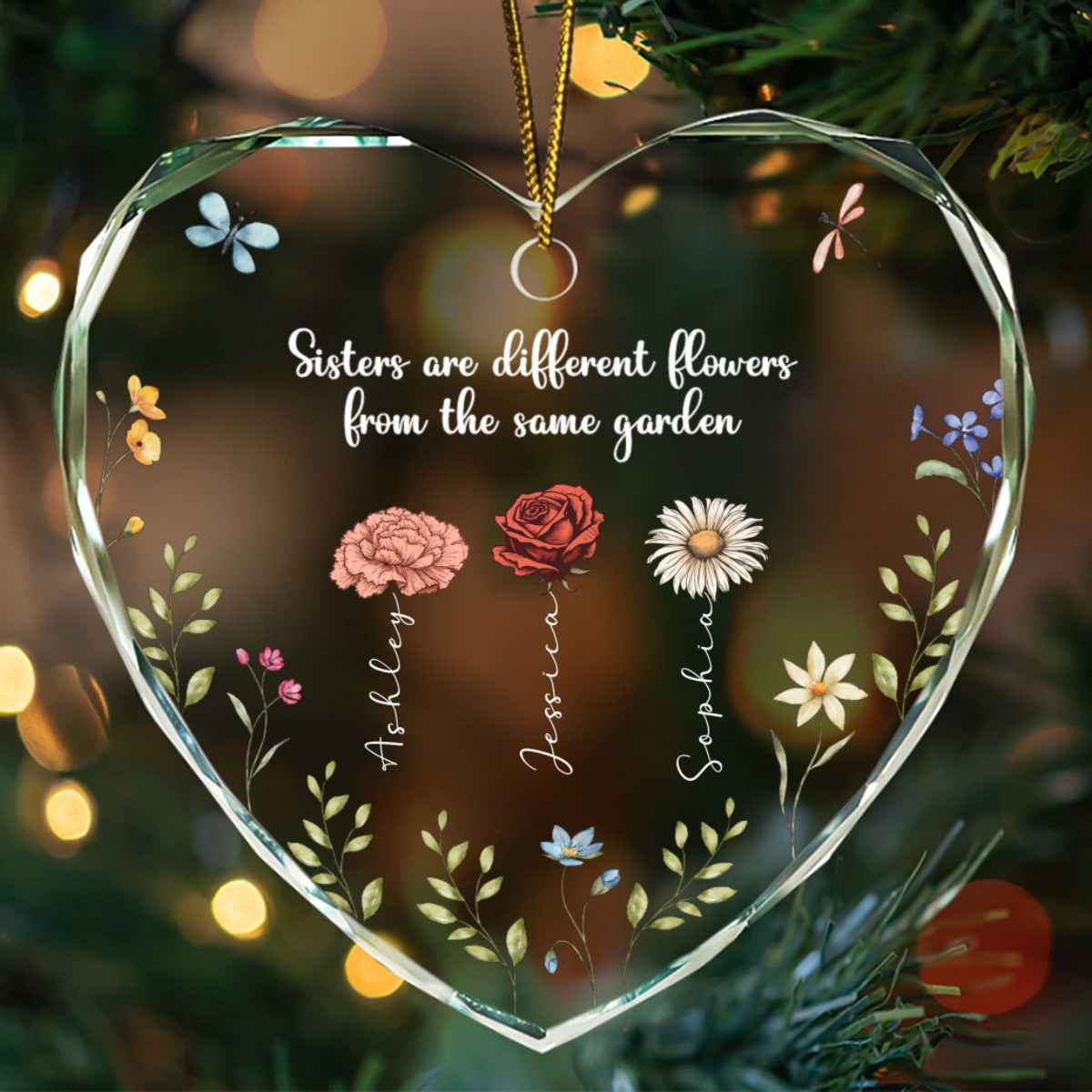 Sisters Are Different Flowers From The Same Garden Personalized Heart Glass Ornament, Christmas Gift For Sisters