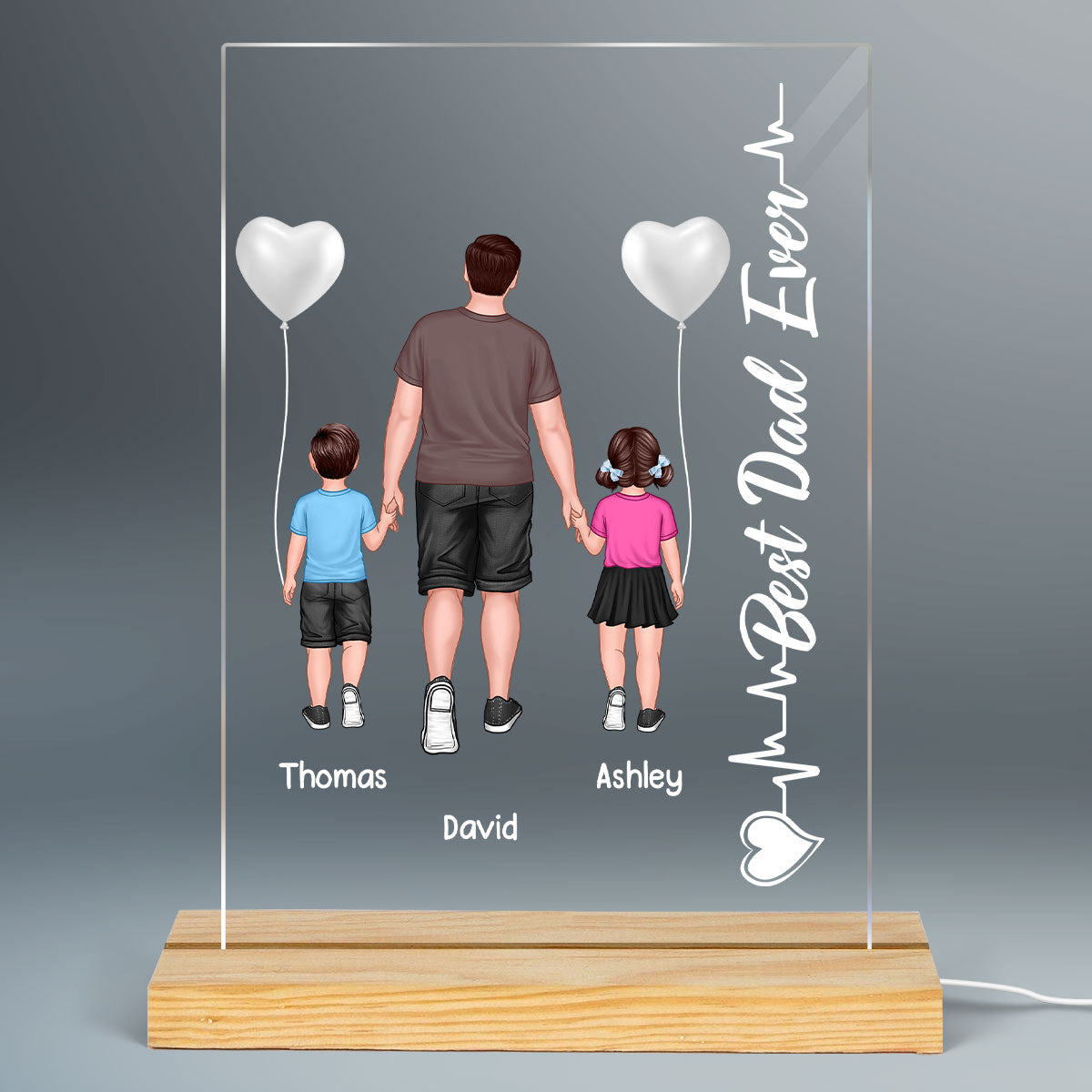 Dad And Kid Walking Heart Beat Personalized Rectangle Acrylic LED Night Light