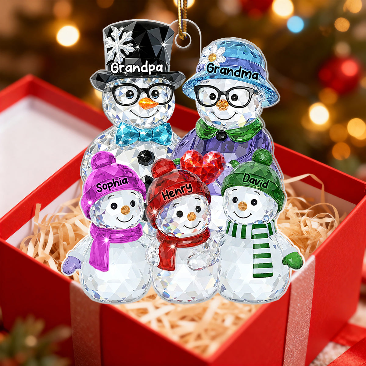 Grandparents And Grankids Snowman Pattern Crystal - Personalized Acrylic Ornament - Heartwarming Christmas Gift For Grandpa, Grandma, Grandparents