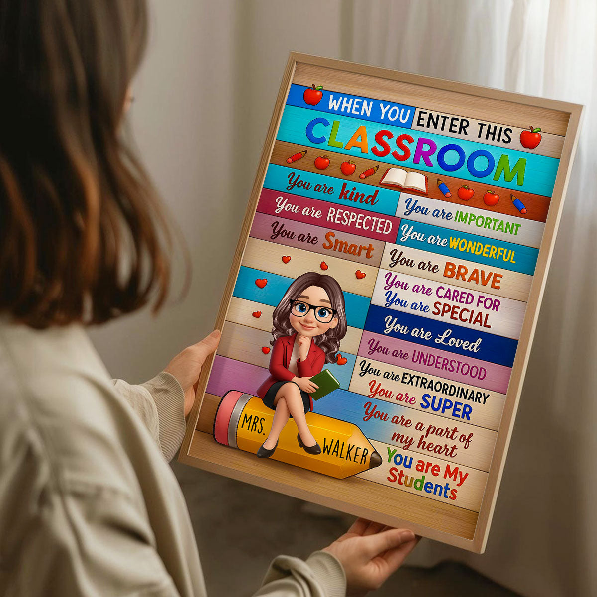 3D Cartoon Teacher Sitting On Pencil Personalized Poster, Classroom Decoration, Back To School Gift For Teacher