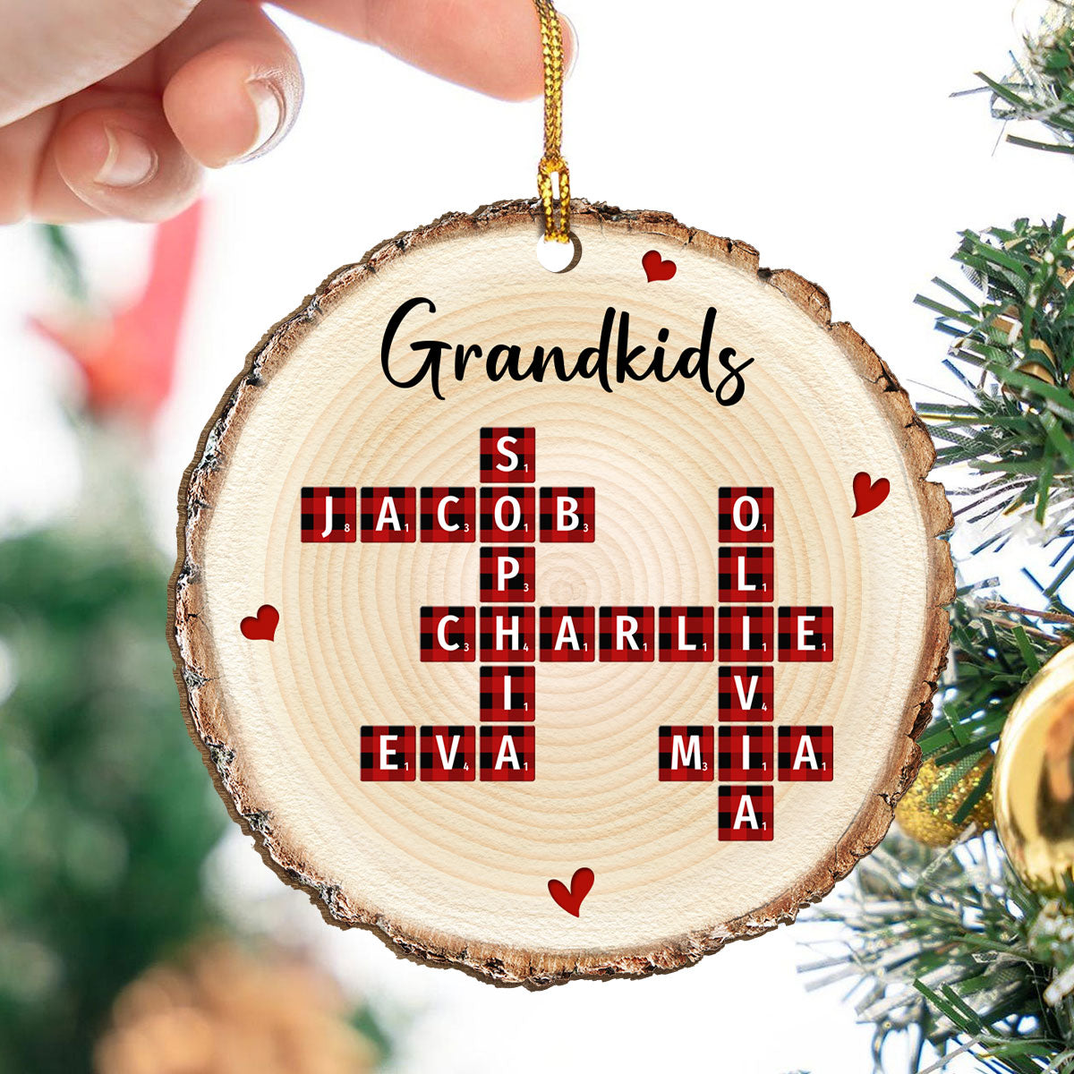 Family Unique Crossword Art Puzzle Checkered Pattern Personalized Wooden Ornament