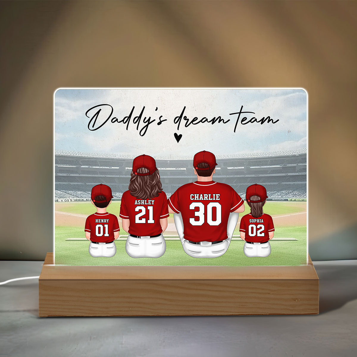 Daddy's Team Baseball Family Sitting Personalized Acrylic LED Night Light, Father's Day Gift For Dad, Grandpa, Husband