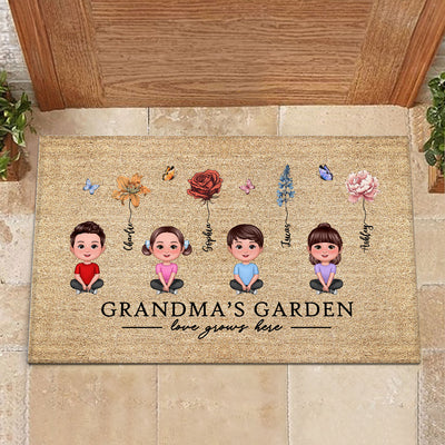 Love Grows Here Grandma Garden Birth Month Flowers Grandkids Crossed Legs Personalized Doormat