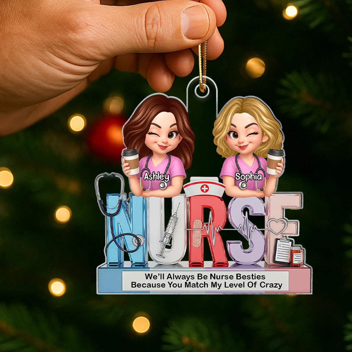 Personalized 3D Effect Nurse Besties Medical Icons Personalized Acrylic Ornament