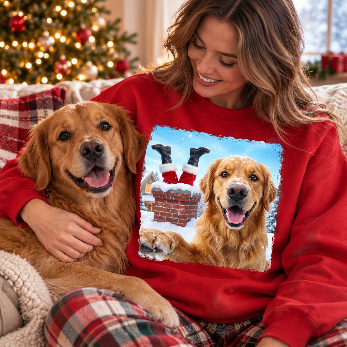 Pet Caught Santa Stuck In Chimney Upload Pet Photo - Personalized Shirt - Funny Gift For Dog Lovers