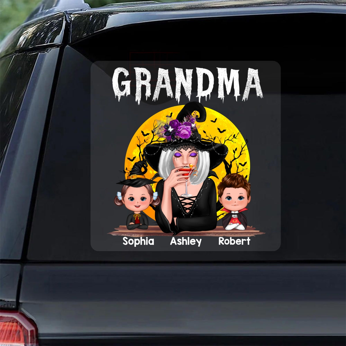 Halloween Moon Grandma Mom Witch With GrandKids Personalized Decal, Halloween Decoration