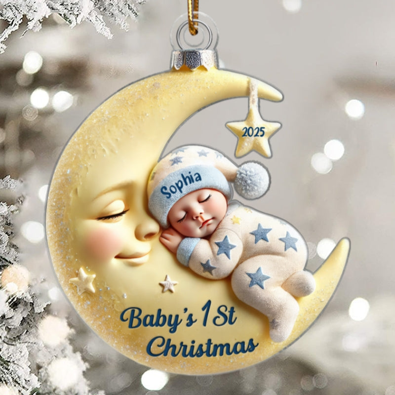 3D Effect Baby On Moon First Christmas 1st Christmas Keepsake - Personalized Acrylic Ornament