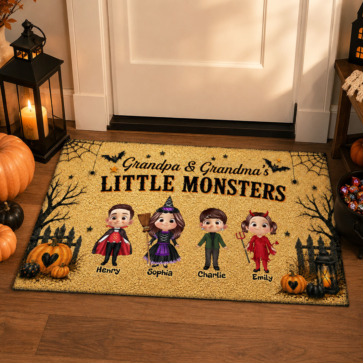 Halloween Grandpa Grandma Little Monsters Grandkids - Personalized Doormat - Halloween Decor For Grandparents