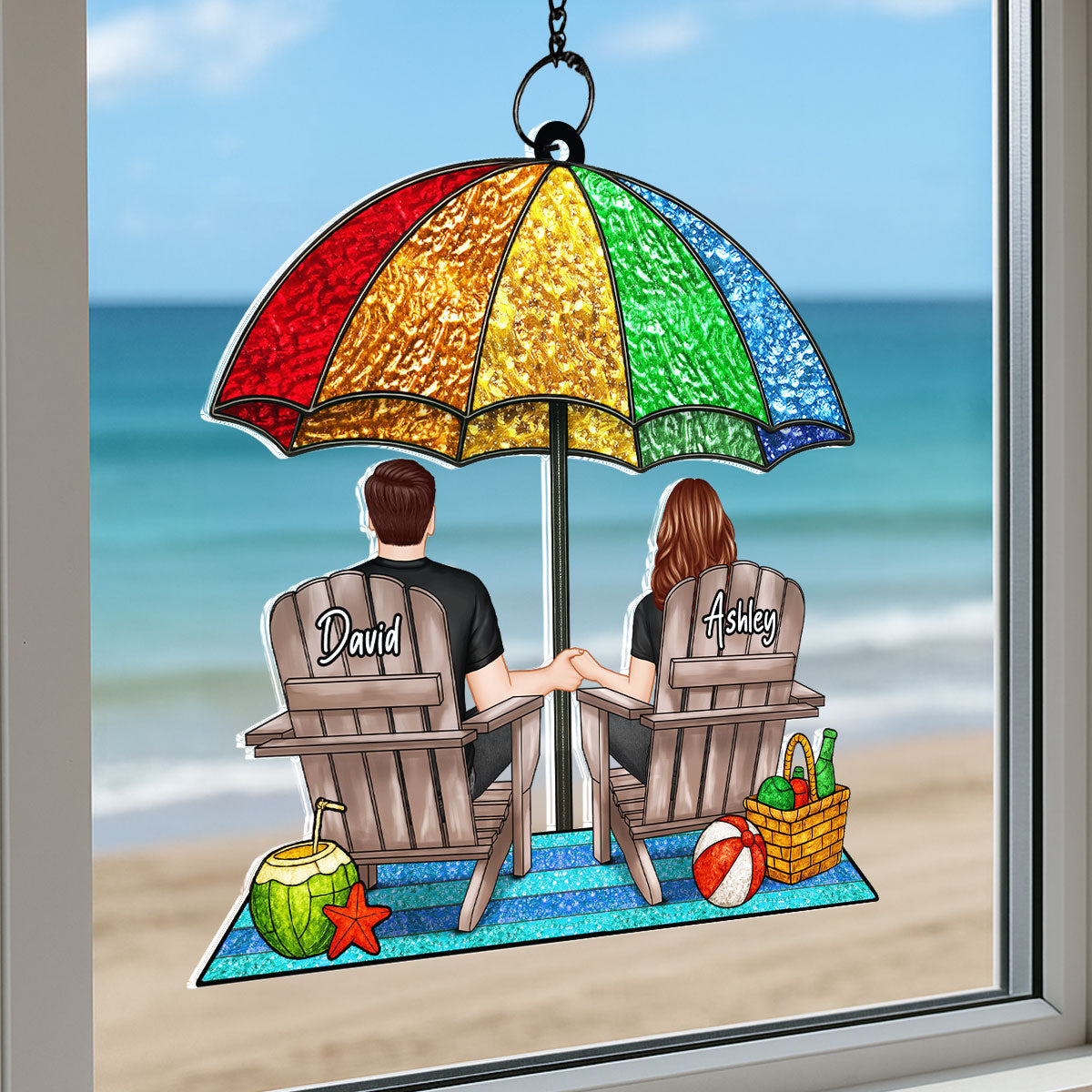 Under Beach Umbrella Happy Couple Personalized Suncatcher
