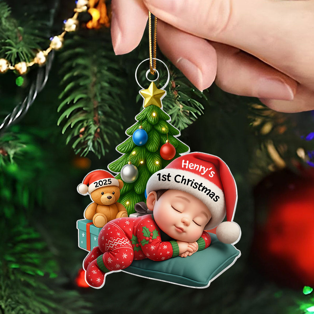 Sleeping Baby in Christmas Pajama Personalized Acrylic Ornament, Baby's 1st Christmas