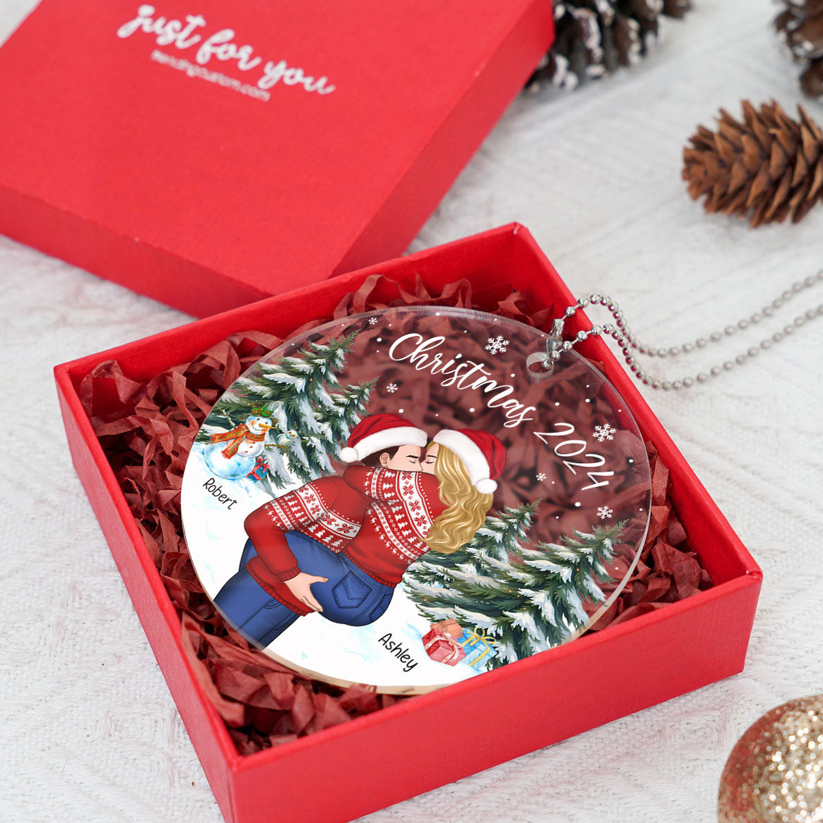 Couple Hugging In Winter Night Christmas Tree Personalized Acrylic Ornament, Christmas Gift For Him, Gift For Her