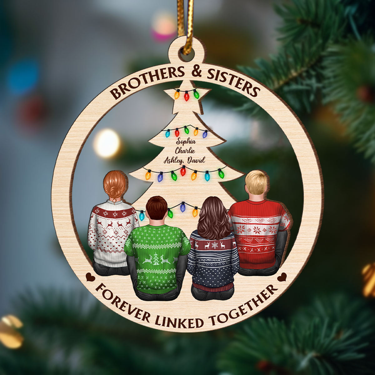 Brother & Sisters Forever Linked Together Christmas Tree Personalized Wooden Ornament