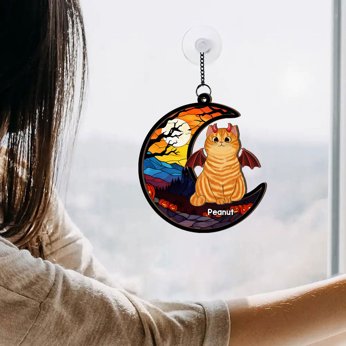 Halloween Cat On Moon Personalized Suncatcher, Halloween Decoration