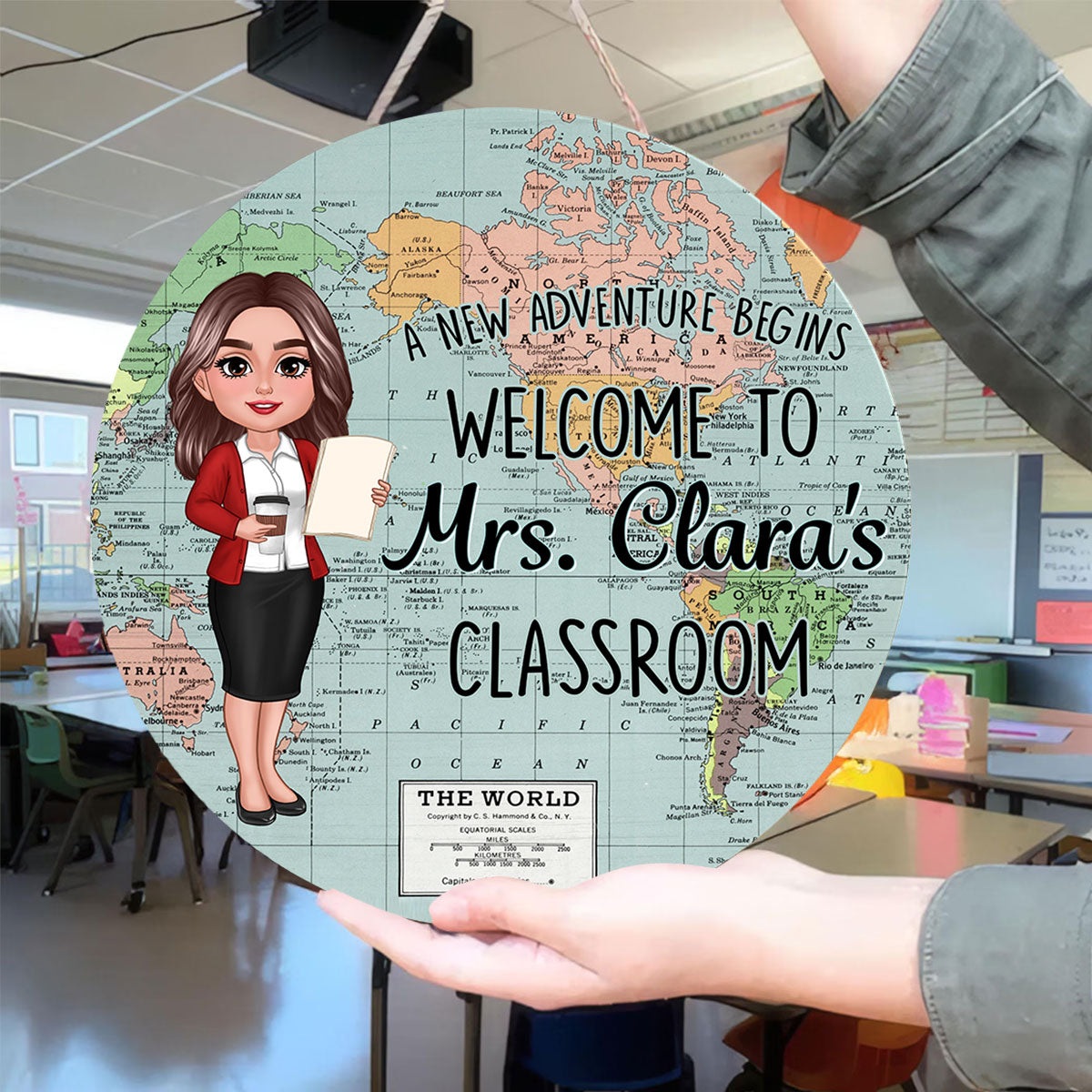 World Map Adventure Themed Welcome To Classroom Personalized Round Door Hanger, Back To School, Classroom Decor