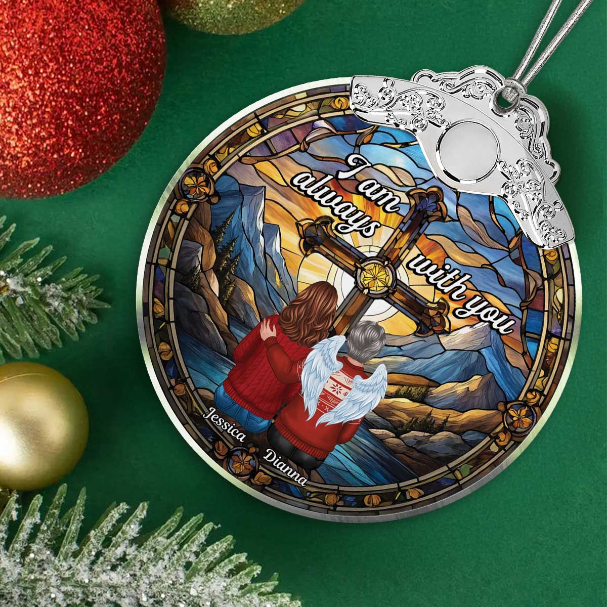 Always With You Holy Cross Stained Glass Effect - Personalized Glass Ornament With Silver Cap - Christmas Memorial Keepsake For Family