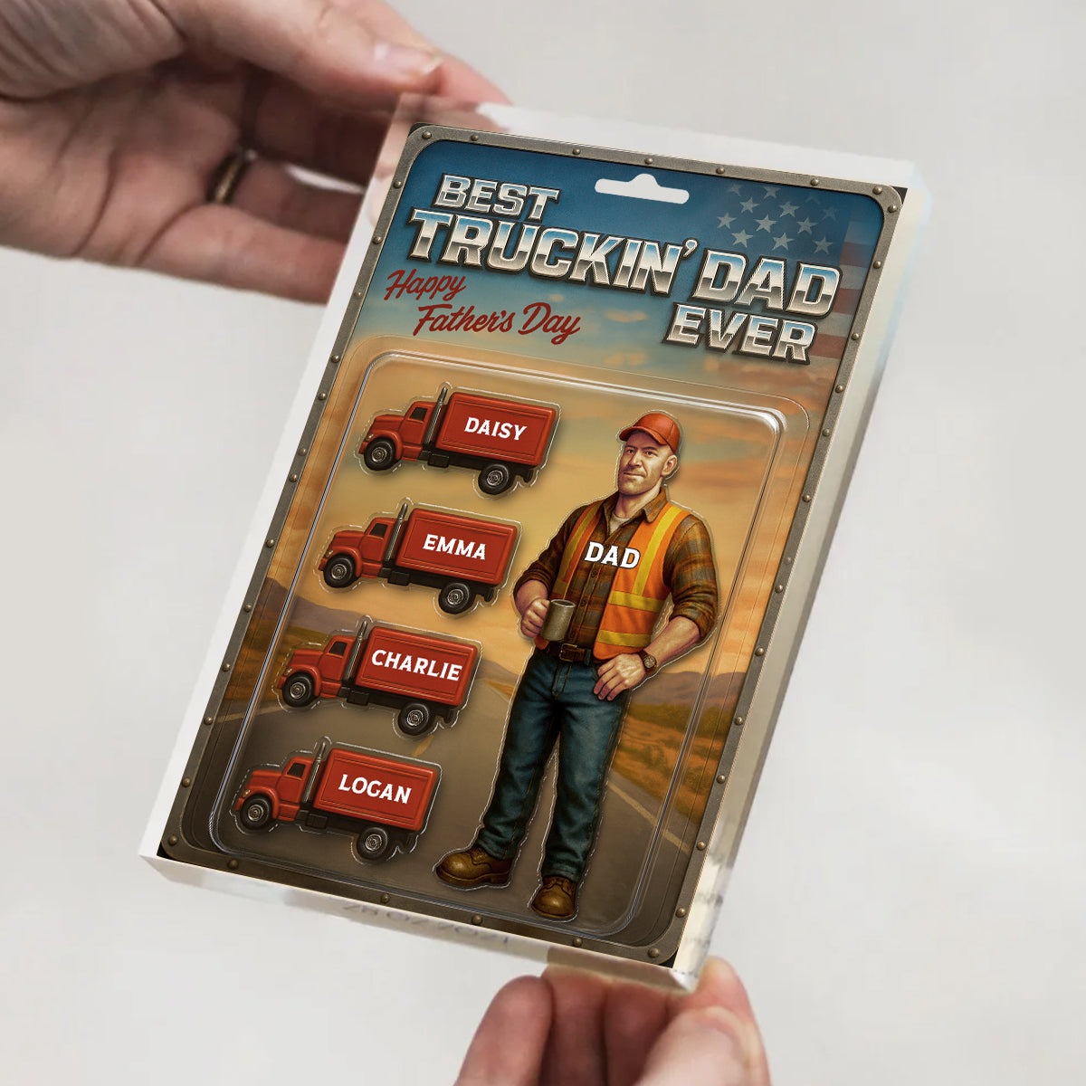 Best Truckin' Dad Ever Nation Flag Custom Action Figure Personalized Acrylic Block Plaque, Father's Day Gift for Trucker Dad
