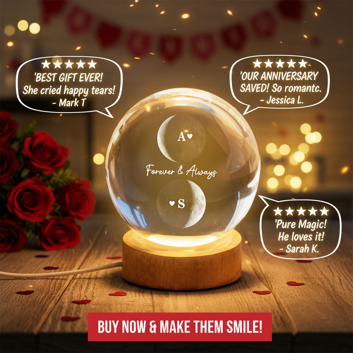 Custom Couple Moon Phase - Personalized Crystal Ball LED Night Light - Valentine's Day Gift For Couple, For Her, For Him