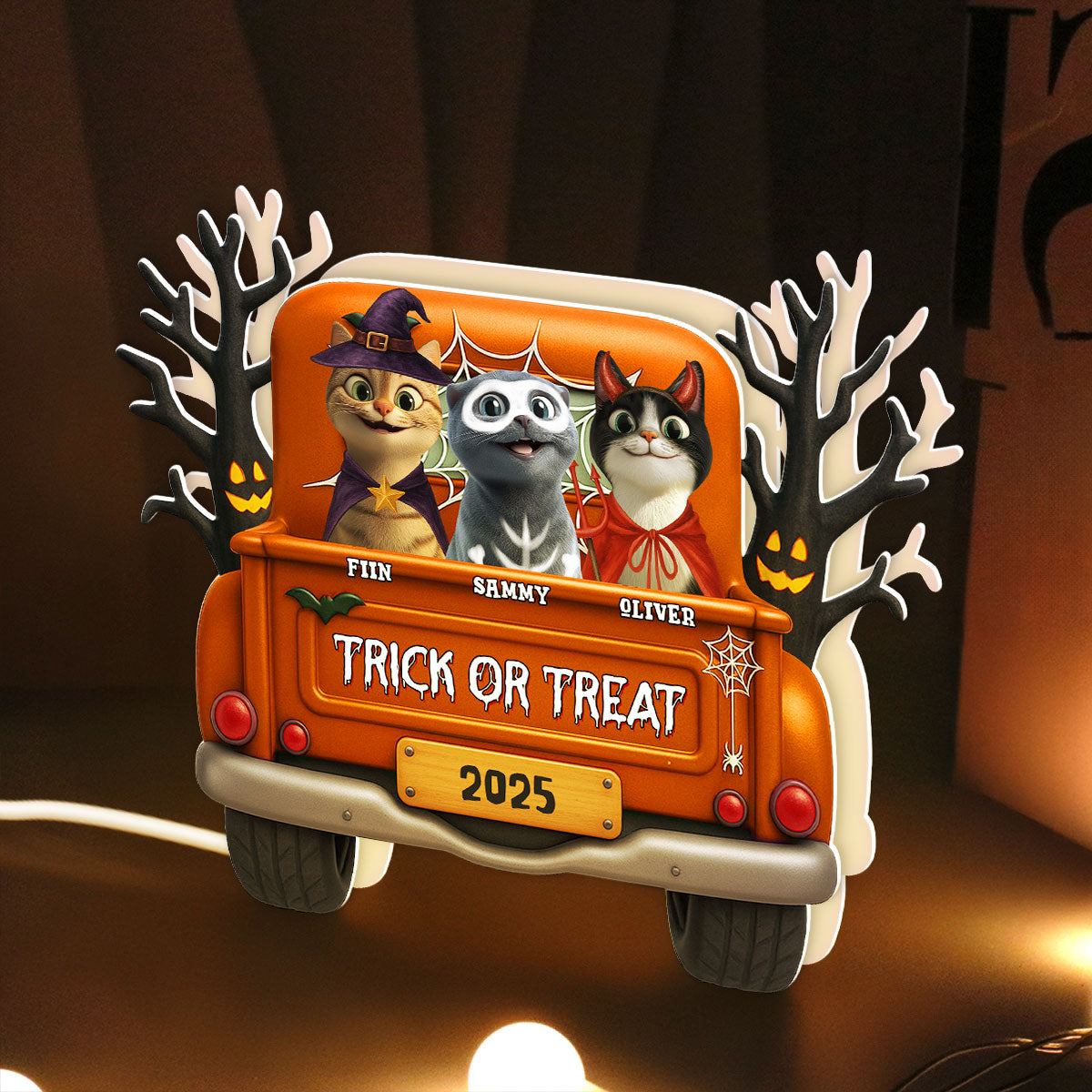 Halloween Cats On Truck Personalized Light Box, Halloween Decoration