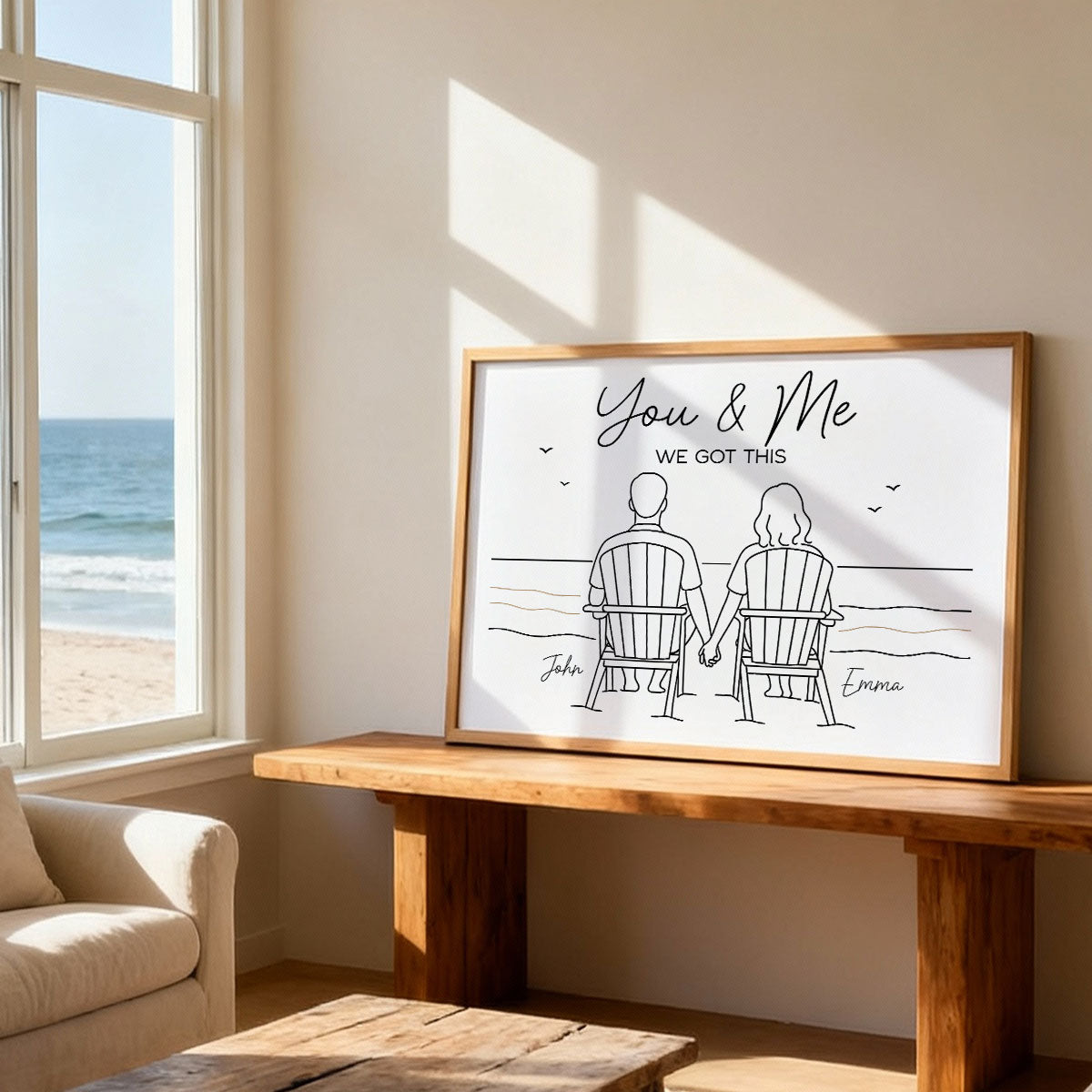 Eternal Love Couple Beach Landscape Line Art Style - Personalized Poster