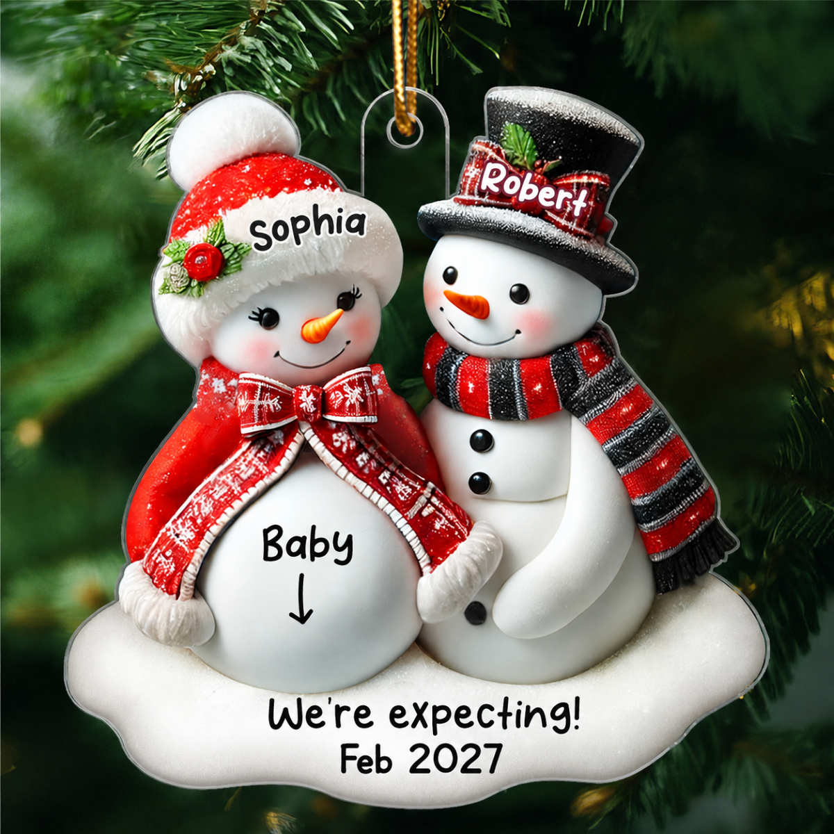 Snowman Couple Expecting Parents Pregnancy Announcement 3D Effect Keepsake Personalized Acrylic Ornament