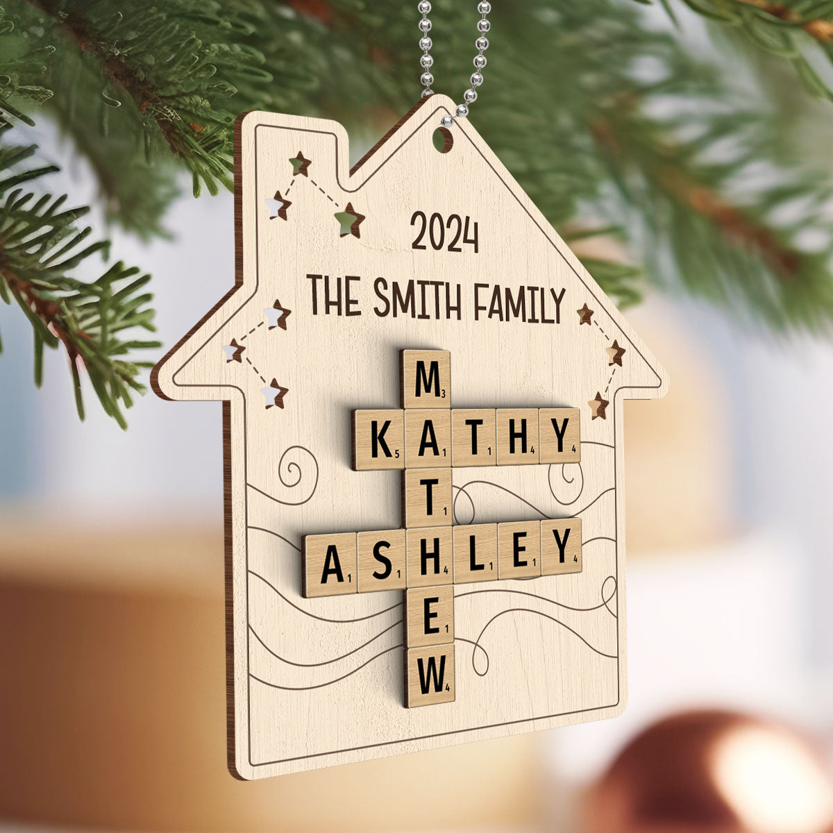 Family House Crossword Puzzle Art, Personalized 2-Layered Wooden Ornament