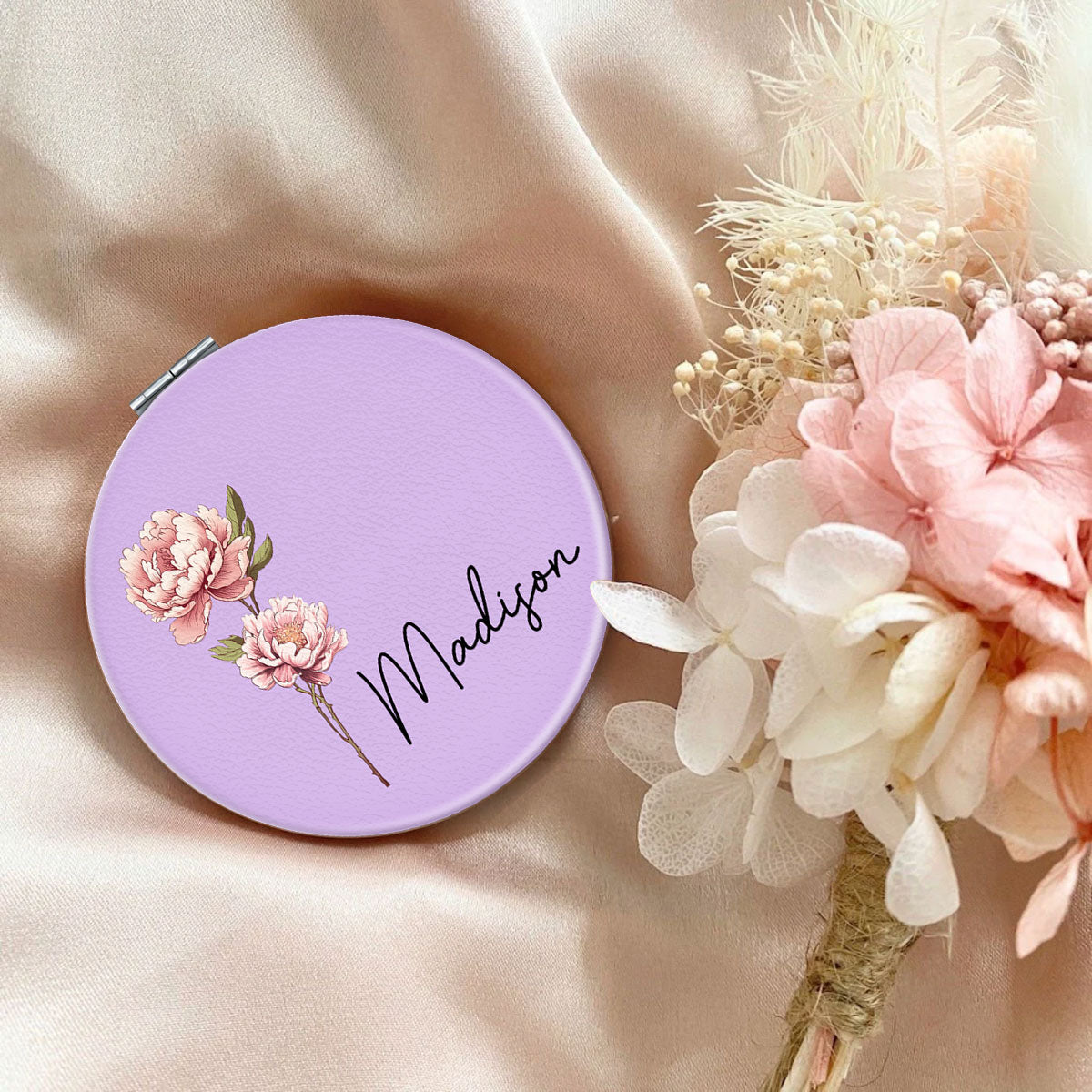 Beautiful Birth Month Flower Personalized Circle Compact Mirror, Birthday Gift