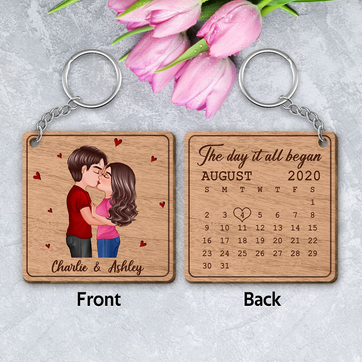 Doll Couple Kissing Calendar Anniversary Date Personalized Wooden Keychain