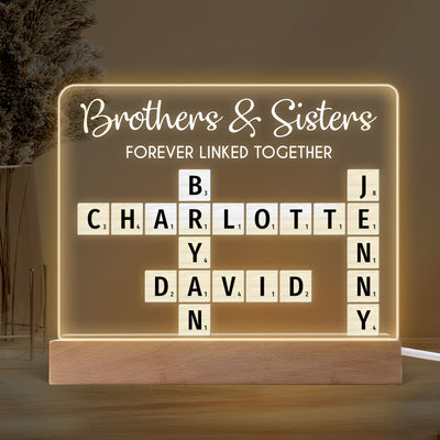 Brothers & Sisters Forever Linked Together Crossword Puzzle Art Personalized Acrylic Warm LED Night Light, Perfect Gift For Brothers, Sisters, Siblings, Family