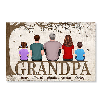 Dad Grandpa Back View Man And Kids Dogs Cats Sitting On Words Under Tree Personalized Horizontal Poster