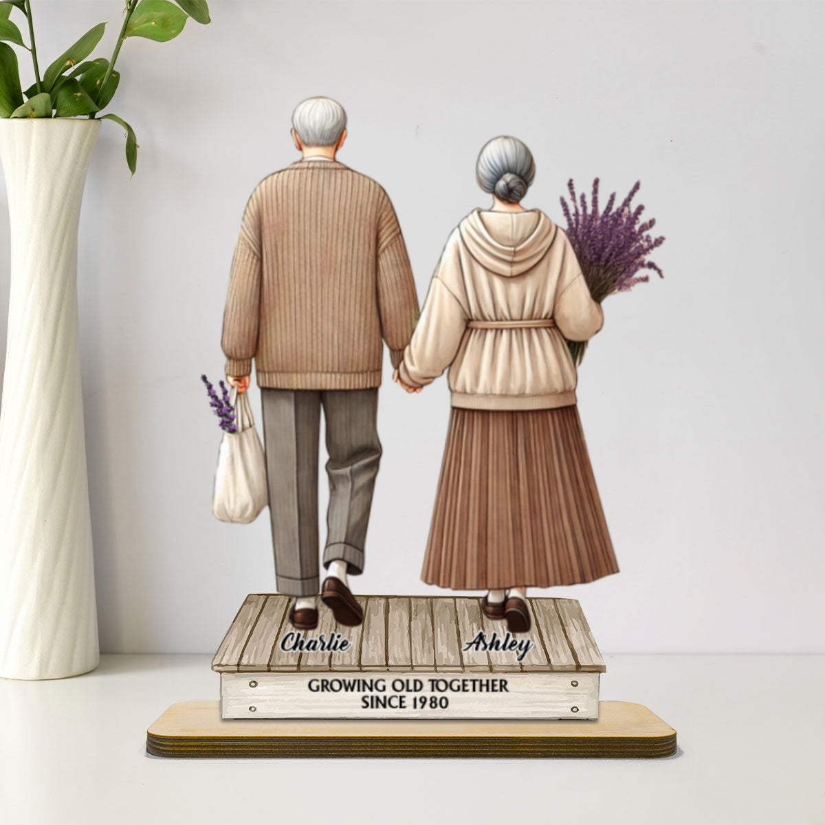 Old Couple Holding Hands Walking Personalized Standing Wooden Plaque