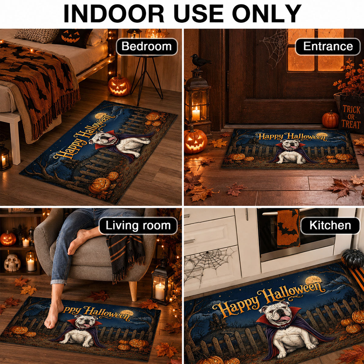 Vintage Dog Cat Halloween Night Photo Upload - Personalized Doormat - Halloween Gift For Dog Mom, Cat Mom