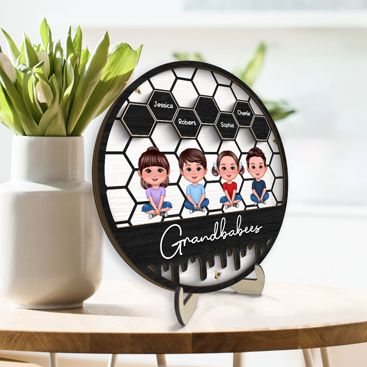 Grandbabees Crossed Legs Sitting Personalized 2-layer Wooden Plaque, Gift For Grandma