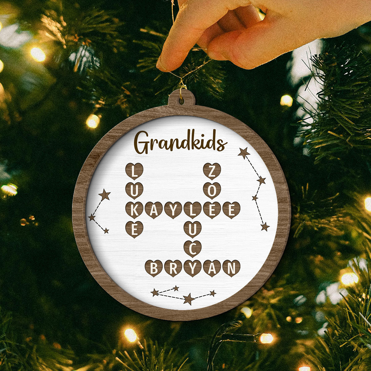 Grandkids Family Heart Crossword Art Puzzle Personalized 2-Layer Wooden Ornament