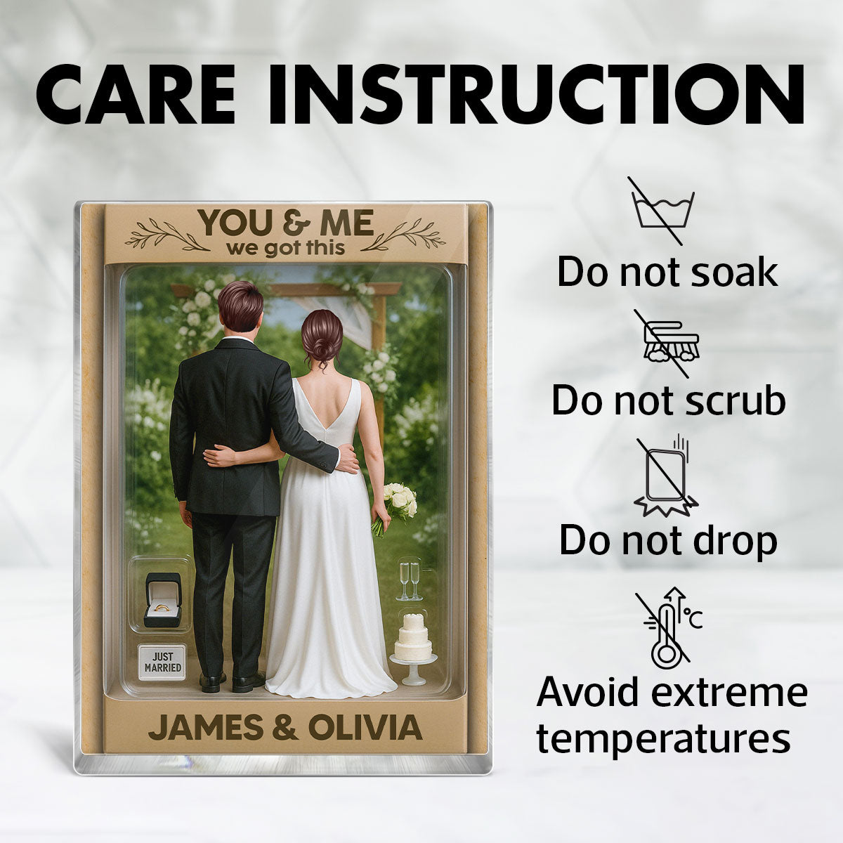 Bride & Groom Couple Realistic Figures Style Garden Wedding Theme Personalized Acrylic Block Plaque, Wedding Gift, Newlyweds Gift