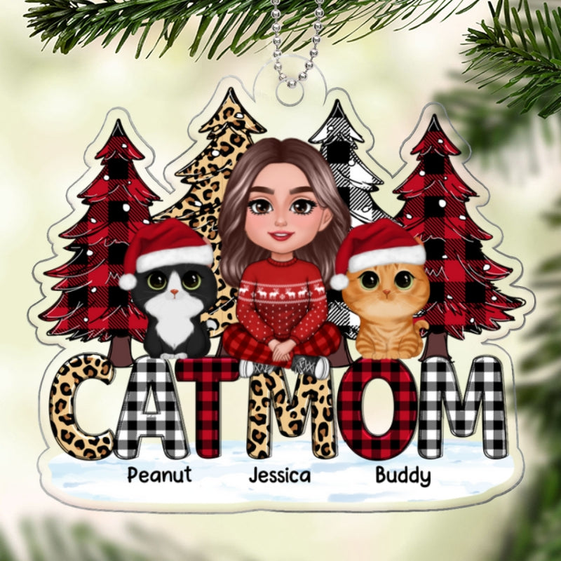 Checkered Leopard Christmas Tree Cat Mom Sitting Personalized Acrylic Ornament