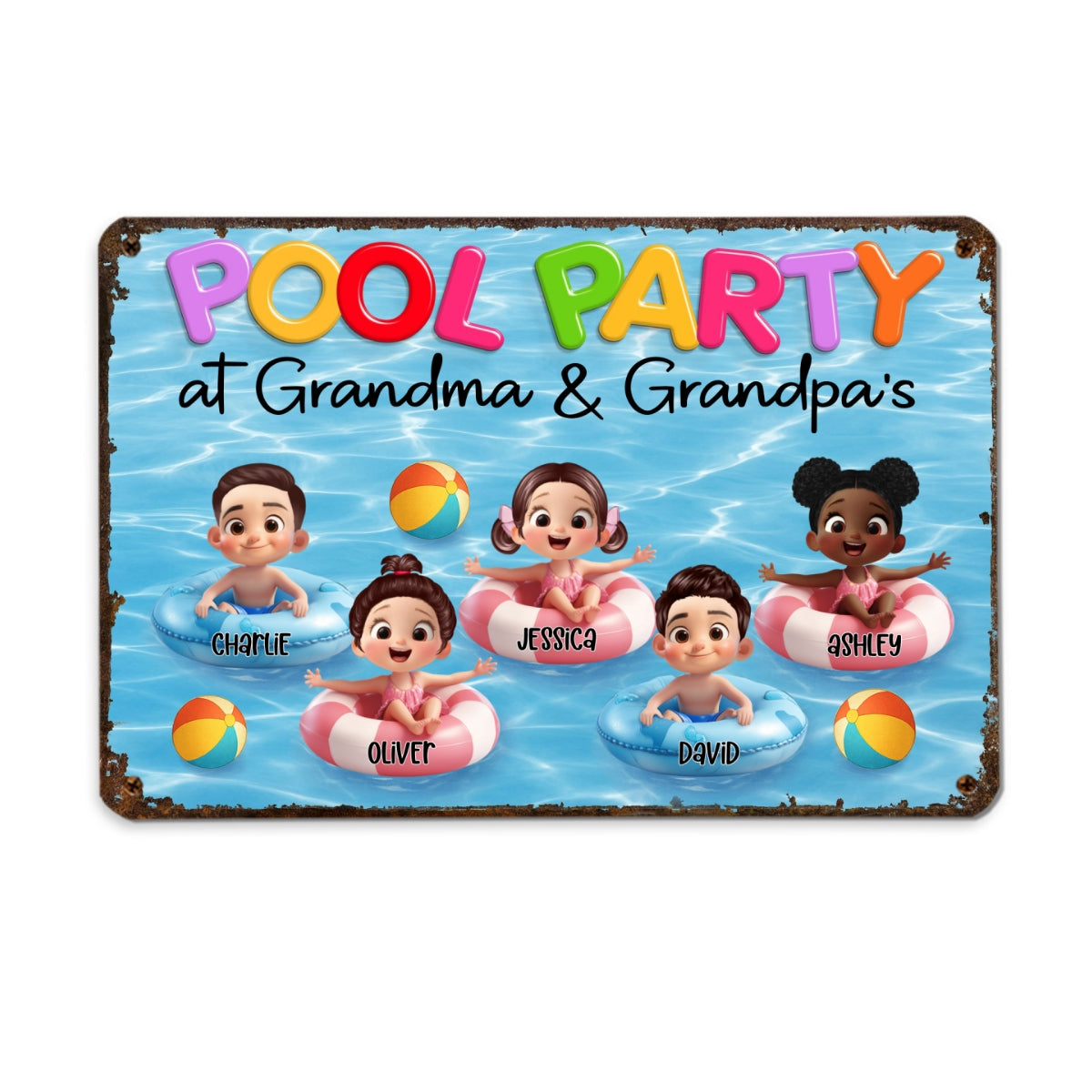 Pool Party At Grandma Grandpa Personalized Metal Sign, Grandchildren Welcome Sign