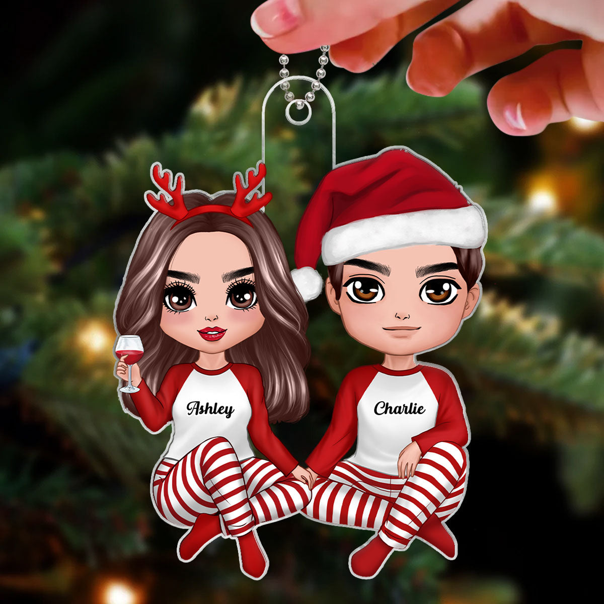 Pajamas Doll Couple Sitting Christmas Gift For Him For Her Personalized Acrylic Ornament
