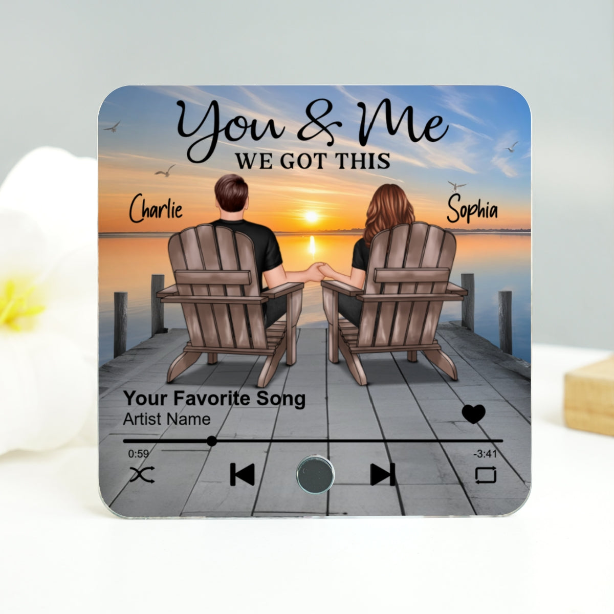 Eternal Love Couple Sitting On The Lake Dock - Personalized Music Fridge Magnet - Heartfelt Gift For Couple, For Him, For Her, Husband, Wife